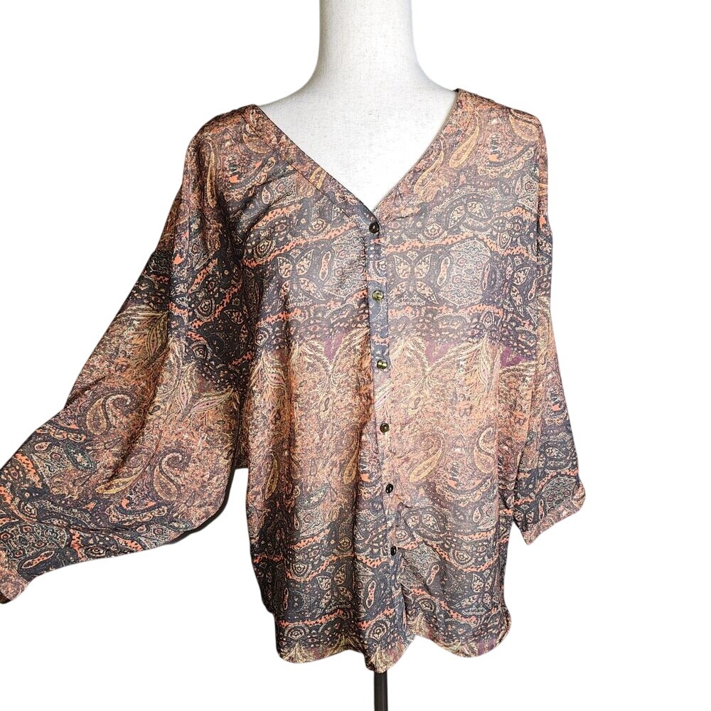 Jeans by Buffalo Button Up Paisley Crochet back Tunic Top Blouse Brown Salmon M